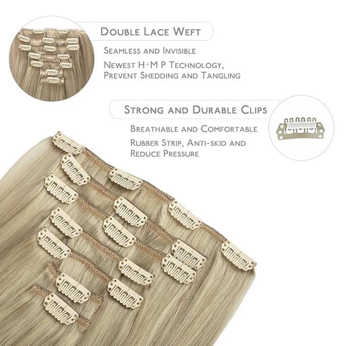 WENNALIFE Clip In Human Hair Extensions, 16 Inch 120g 7pcs Ash Blonde to Golden Blonde and Platinum Blonde Ombre Clip in Human Hair Remy Clip in Hair Extensions Real Human Hair Double Weft
