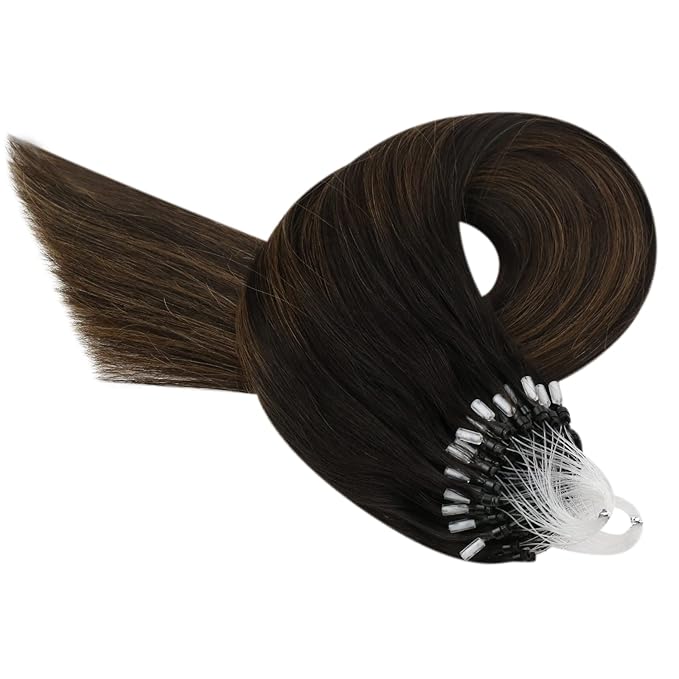 YoungSee Micro Bead Hair Extensions Real Human Hair Brown Beaded Hair Extensions Brown Balayage Dark Browns Micro Link Human Hair Extension Ombre 20In Cold Fusion Hair Extension for Daily 50s 50g