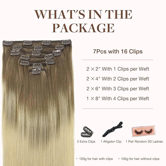 GOO GOO Clip in Hair Extensions Real Human Hair, Remy Human Hair Extensions Clip ins for Women, Natural Human Hair, 22inch 120g 7Pcs, 9/60 Balayage Ash Brown to Platinum Blonde