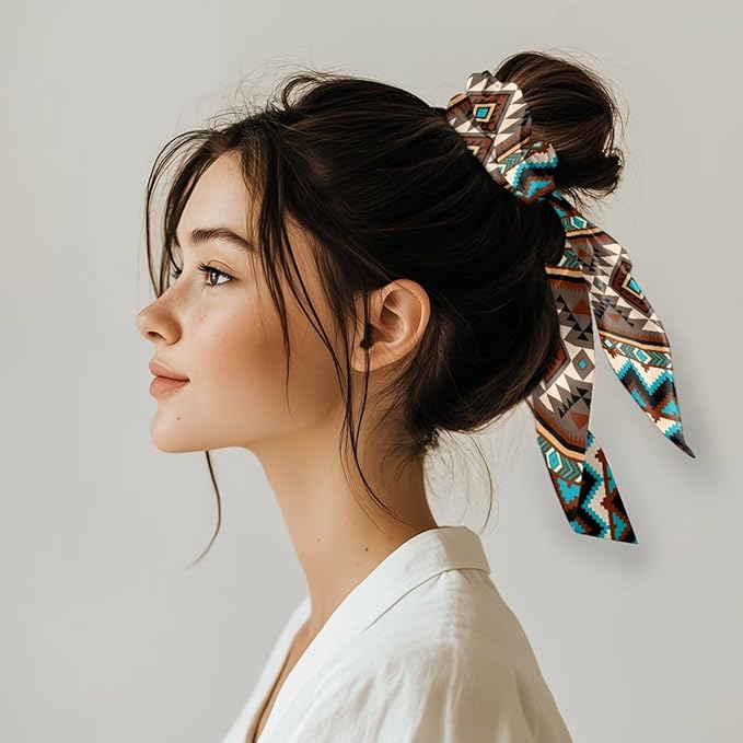 2 Pack Aztec Knotted Bow Hair Scrunchies Elastic Hair Scarf Ethnic Geometric Ribbon Scrunchy Cow Print Bow Hair Ties with Flowing Tails