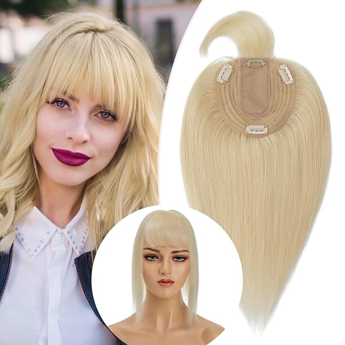 Rich Choices Real Human Hair Toppers for Women With Bang 100% Remy Human Hair Topper for Thinning Hair Clip in Silk Base Hair Topper 14 Inch #613 Bleach Blonde