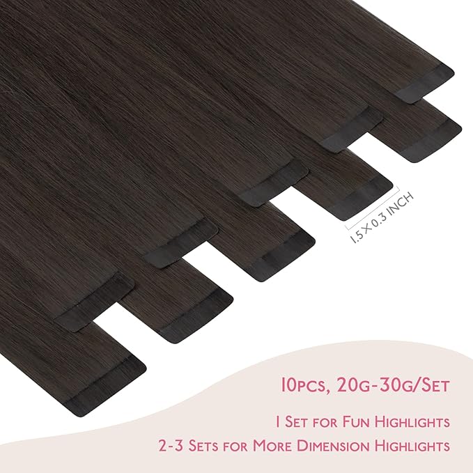 WENNALIFE Tape in Hair Extensions Human Hair Dark Brown Tape in Extensions, 10pcs 30g 20 inch Remy Invisible Tape Ins Straight Colored Soft Real Human Hair Tape in Extensions Refill Set Extensions