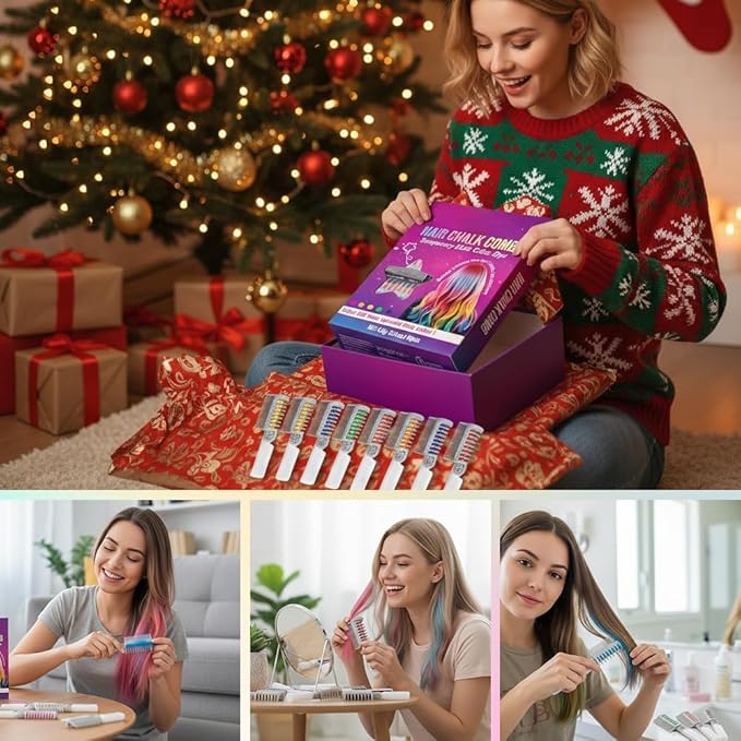 Festive Fun Hair Chalk Combs,2026 NEW Hair Color Comb Temporary Hair Chalk Comb,8/10 Color Washable Hair Chalk Set Hair Chalk Comb Temporary Bright Washable Hair Color Dye (10 Colors)