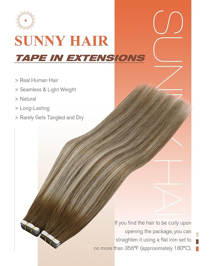 Sunny Hair Tape in Hair Extensions Medium Brown Balayage Blonde Tape in Hair Extensions Human Hair, 18 inch Remy Hair Extensions Tape in 20Pcs 50g