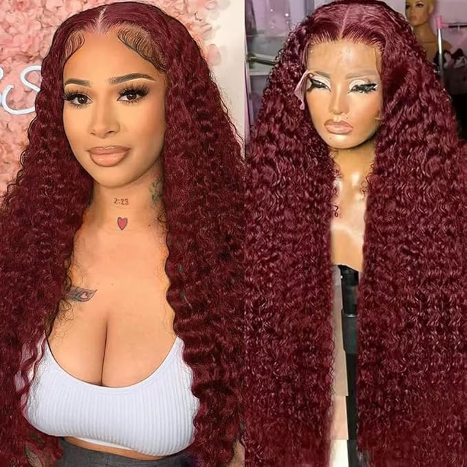 Burgundy Wig Human Hair 13x6 Deep Wave Lace Front Wigs Human Hair 200 Density 99j Burgundy HD Lace Front Wigs Pre Plucked 200 Density Red Colored Wig with Baby Hair for Women 20 Inch