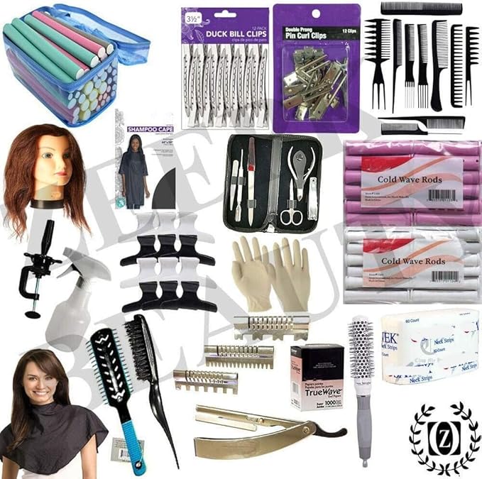 Profession 20PCS Cosmetology Kit Hair School, Barbershop Beauty Salon Approved Use! 10 Piece Comb Set, Butterfly Clips, Flex Rods, Mannequin Head w/Stand! Hair Brushes! Neck Wraps!
