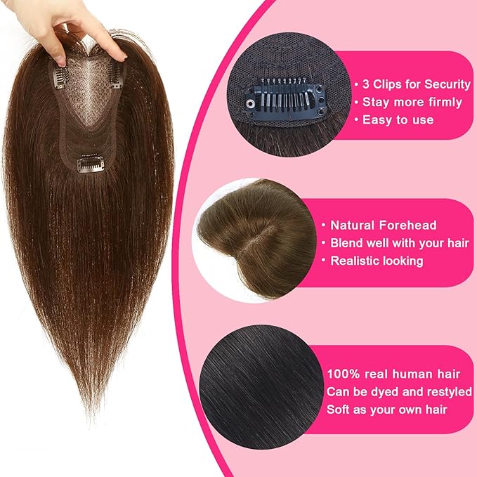 Hair Toppers for Women Real Human Hair Topper Upgrade Swiss Lace Middle Part Clip in Bangs Remy Human Hair Straight Hairpieces for Thinning Realistic Scalp 360° Cover Gray Hairy Roots Caramel Brown