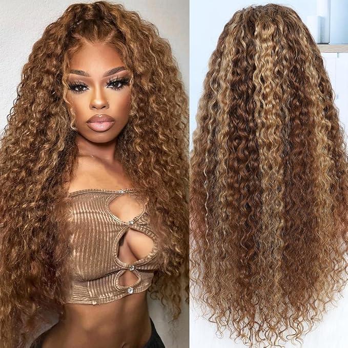 Hidden Strap Deep Wave 360 Lace Front Wigs Human Hair Highlight Ombre full lace Deep Curly Honey Blonde 4/27 Human Hair Wig with invisible drawstring Ombre 360 Glueless Wigs Human Hair 30 Inch