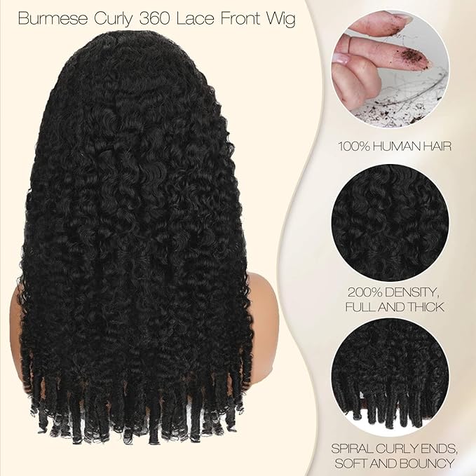 Burmese Curly Human Hair Wig with Spiral End 200% Density 360 Full HD Lace Front Wigs Human Hair Water Wave Wigs for Women 28Inch Pre Plucked with Baby Hair Tiny Knots Natural Black