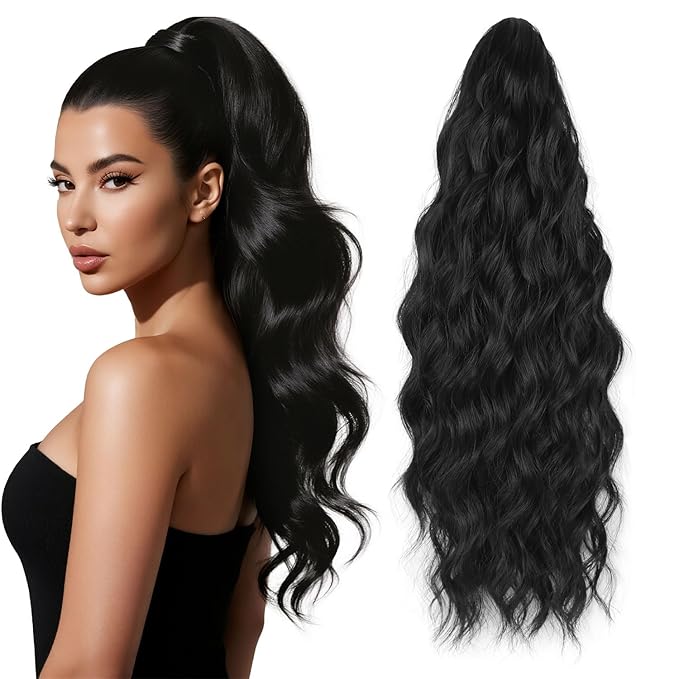 Ponytail Extension, 18 Inch Claw Clip Ponytail Extensions for Women Wavy Ponytail Hair Extension Jaw Clip on Pony Tails Hairpiece Fluffy Natural Synthetic for Daily Use (Natural Black)