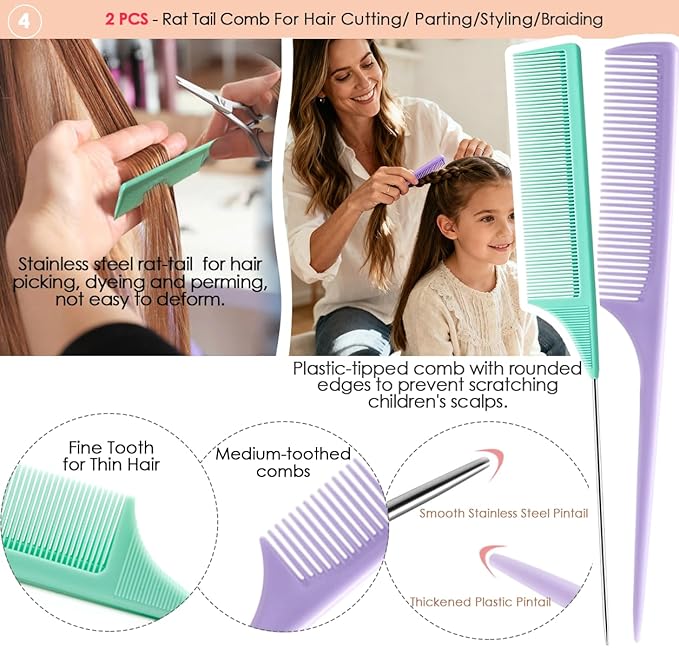 Hair Combs for Women Men, Large Wide Tooth Comb, Fine Tooth, Rat Tail Comb, Comb Set for Wet Curly Thick Thin Hair Styling Detangling (6 PCS)