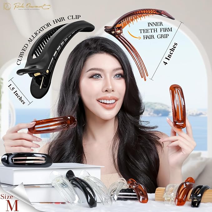 RC ROCHE 6 Pcs Flat Claw Hair Clips for Women Alligator French Barrette Long Thick Hair Duckbill Curved No Slip Grip Lay Flat Side Slide Firm Classic Styling, Medium Clear Brown and Black
