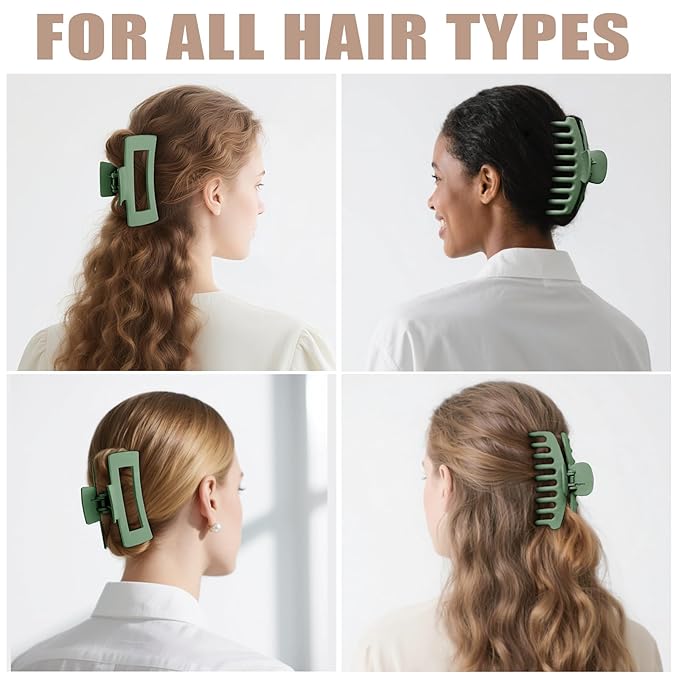 TOCESS Hair Claw Clips for Women - 8PK Large Neutral Matte Square Jumbo Hair Clips for Thick, Thin, Long, Short, Curly Hair Girls, Big Jaw Clip Set for Daily Use (Forest Green)