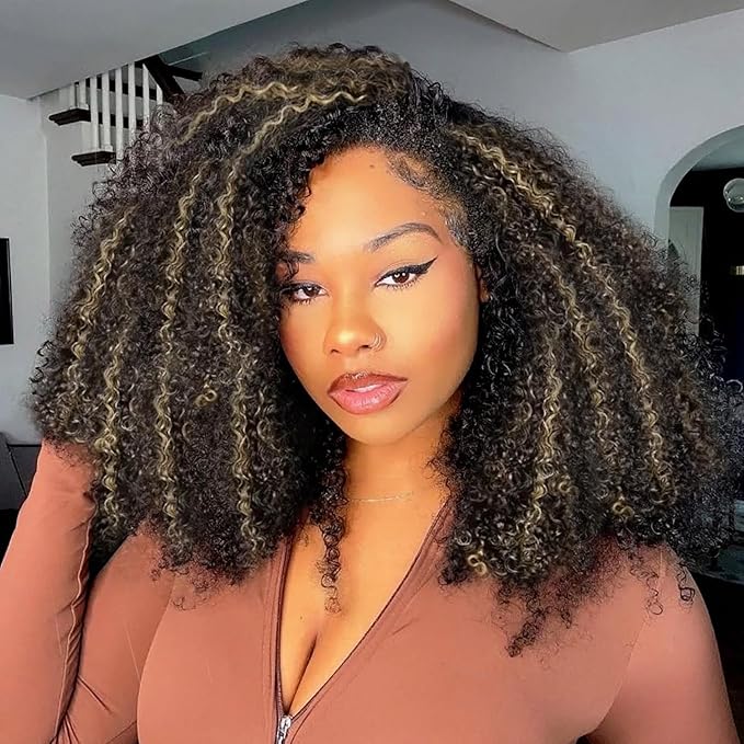 Kinky Curly Half Wig Human Hair 200% Density Ombre Wear Go Glueless Wigs Human Hair Hightlight Blonde Curly 3 In 1 Half Wigs for Women Drawstring Seamless Flip Headband Wig Beginner Friendly 18 Inch