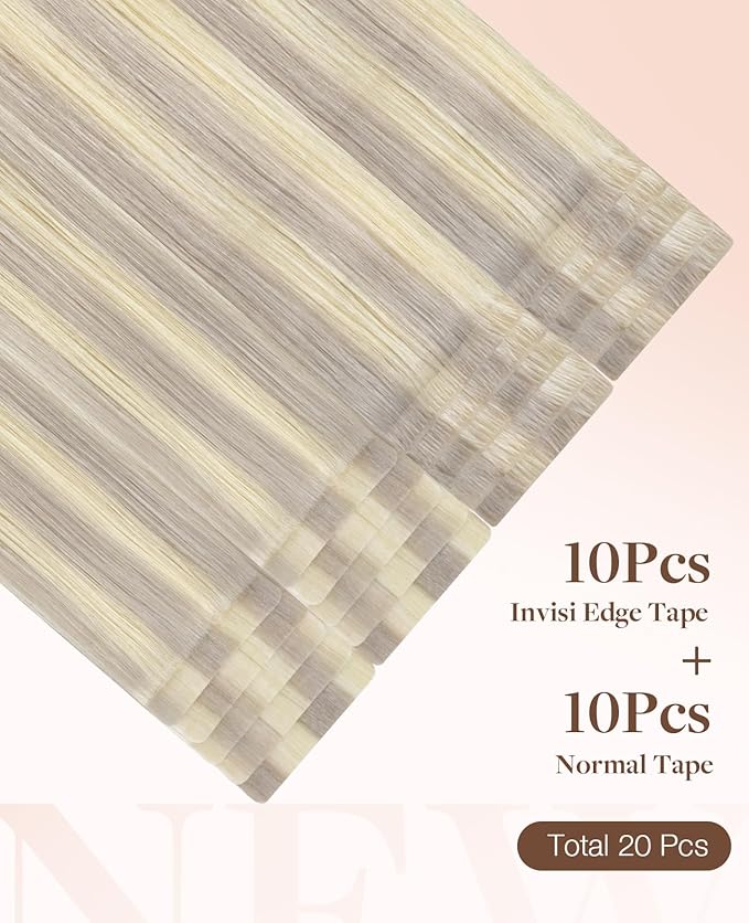 GOO GOO Invisi Edge Tape in Hair Extensions Human Hair, 17/22/60 Balayage Ash Blonde to Golden Blonde and Platinum Blonde 10pcs injected with 10pcs classical tape ins, 20inch 50g, Virgin Remy Hair