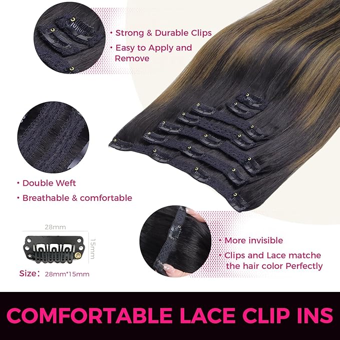 Lashey Clip in Hair Extensions Real Human Hair 7pcs 120g Straight Natural Black Mixed Chestnut Brown Hair Extensions Clip ins for Black Women 16 Inch
