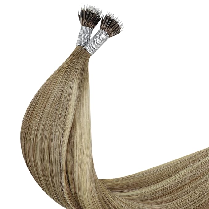 YoungSee Nano Beads Hair Extensions Balayage Nano Ring Hair Extensions Human Hair Light Brown Ombre Platinum Blonde Nano Extension Human Hair 20 Inch 50g 50s for School