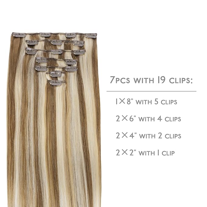 WENNALIFE Clip in Hair Extensions Real Human Hair, 24 Inch 120g 7pcs Ash Brown with Platinum Blonde Highlights Hair Extensions Clip in Human Hair Remy Straight Natural Extensiones