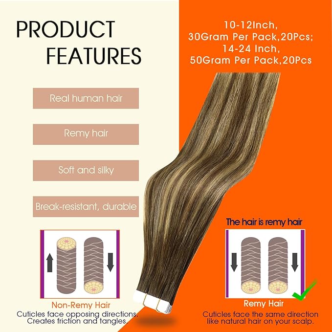 Full Shine Tape in Hair Extensions Human Hair 14Inch Double Sided Tape in Extensions Medium Brown to Light Blonde Balayage Tape ins Human Hair Extensions 20Pcs 50G Seamless Hair Extension for Wedding