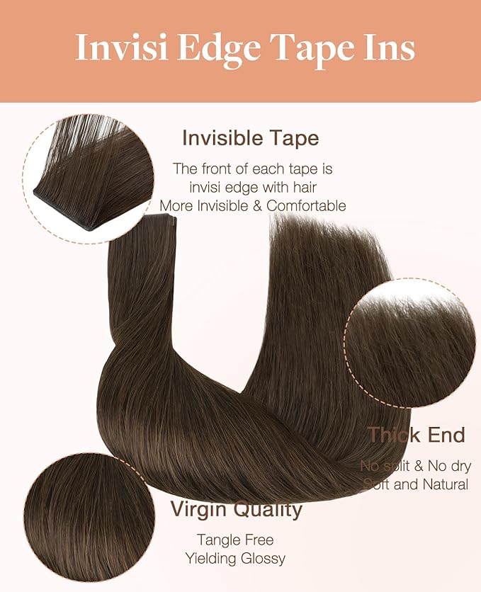 GOO GOO Invisi Edge Tape in Hair Extensions Human Hair, 2A Light Brown, 20pcs 14inch 50g, Virgin Remy Hair, Seamless Injected Tape, Natural Look