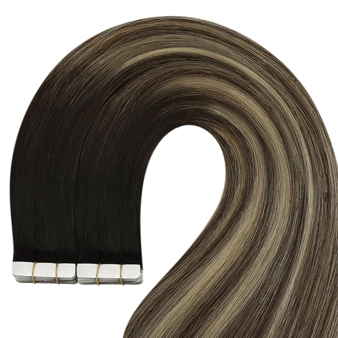 YoungSee Tape in Hair Extensions Real Human Hair Balayage Tape in Hair Extensions Black Ombre Brown with Blonde Tape in Extension Remy Hair Short 12In 20pcs 30g for Adding Volume