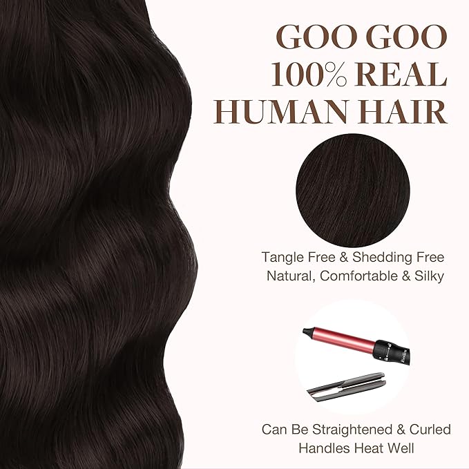 GOO GOO Tape in Hair Extensions Human Hair, 2 Dark Brown, 20inch 30g 10pcs, Skin Weft Seamless Invisible, Silky Straight with Thick Ends, Remy Human Hair