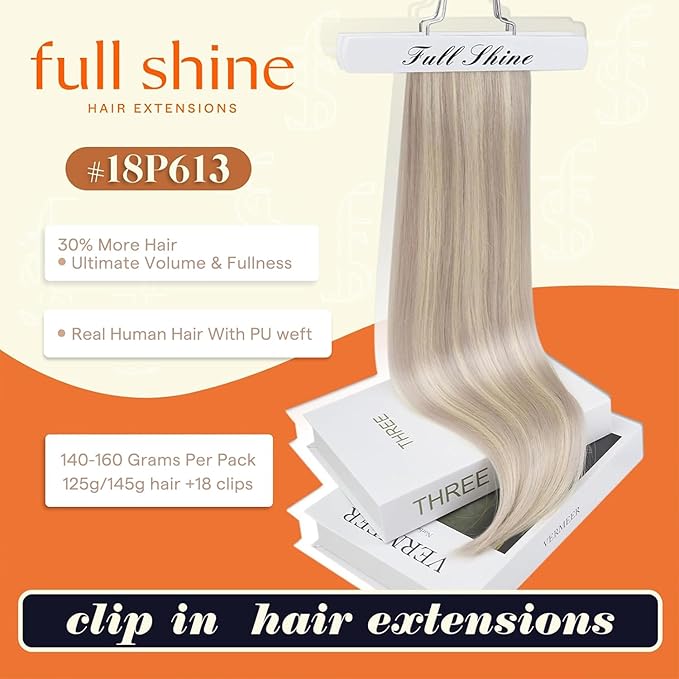 Full Shine Clip in Hair Extensions 22 inch 160g 8Pcs Seamless Human Hair Clip in Extensions Ash Blonde Mix Bleach Blonde Remy Hair Clip ins PU Skin Weft