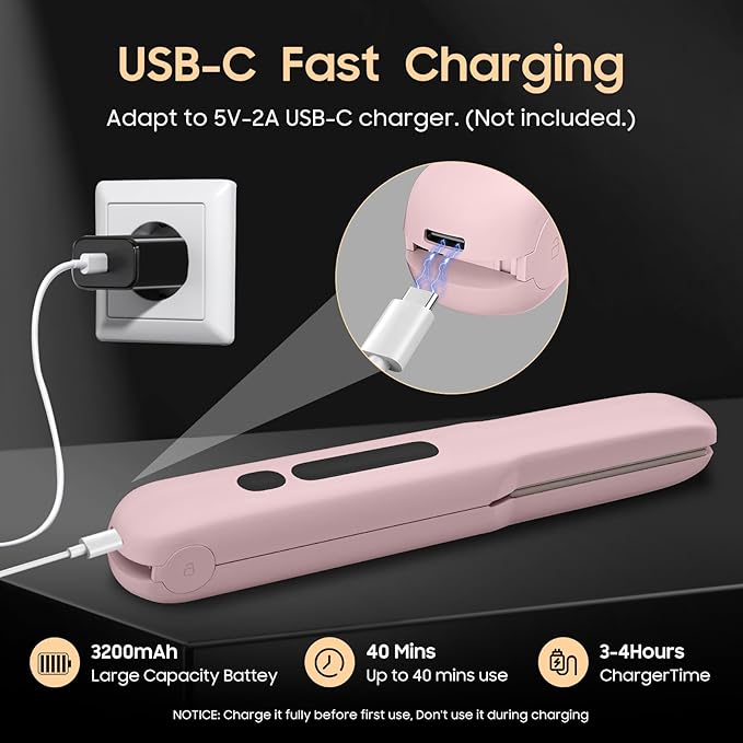 Cordless Hair Straightener, Portable Flat Iron 4 Temperature Options and 20S Fast Heating, Long-Life Battery Ceramic Hair Straightener, Travel Size USB Rechargeable (Pink)