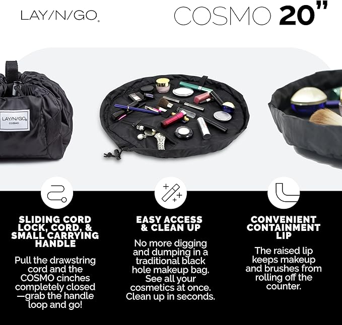 Lay-n-Go Cosmo Drawstring Cosmetic & Makeup Bag Organizer - Portable Drawstring Makeup Bag w/Zipper Pocket, Makeup Loops & More - Durable, Machine Washable Toiletry Bag (20", Purple Paisley)