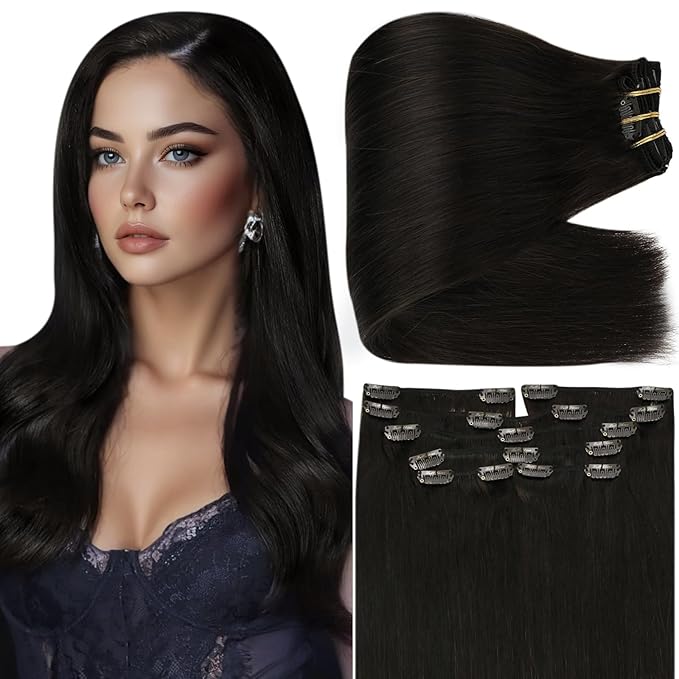 Full Shine Clip in Black Hair Extensions Black Human Hair Clip in Extensions for Concert for Volume 135 G 16 Inch 7 Pcs