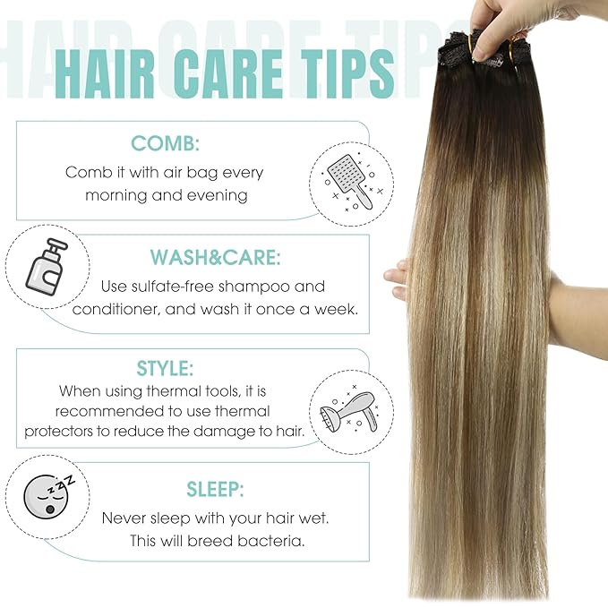 YoungSee Balayage Clip in Hair Extensions Brown Ombre Clip in Extensions Remy Hair Clip on Hair Extension for Women Chocolate Brown Roots to Medium Brown with Blonde 12inch 85g