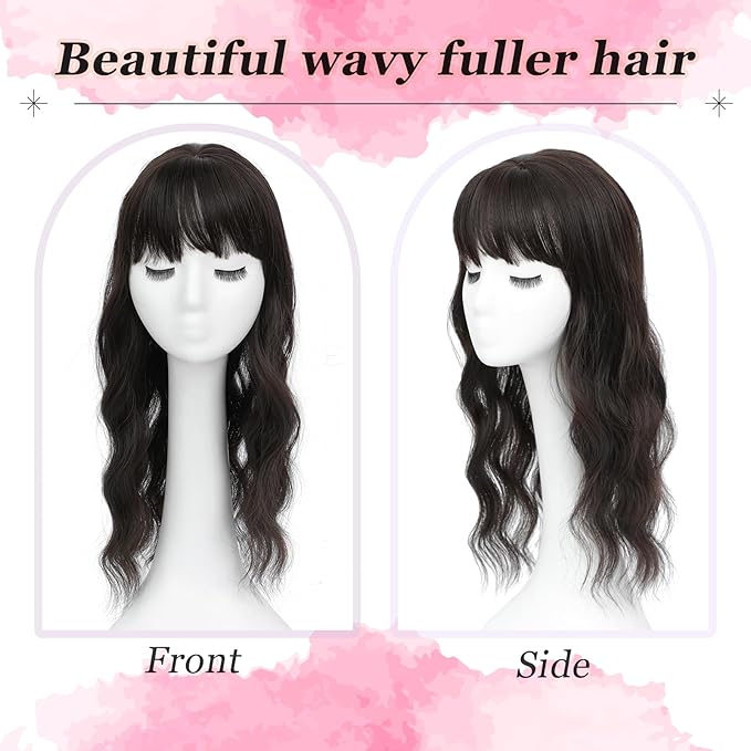 Hair Topper, 360° 3D Hair Toppers for Women with Thinning Crown, 20 Inch Long Wavy Curly Hair Pieces Clip in Bangs (Brown Black, 20 inch, French Bangs)