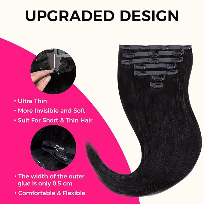 Lashey Seamless Clip in Hair Extensions Human Hair #1 Jet Black Light Yaki Straight Clip in Hair Extensions Real Human Hair 7pcs 110g 16 Inch PU Weft Natural Hair Extension for Women