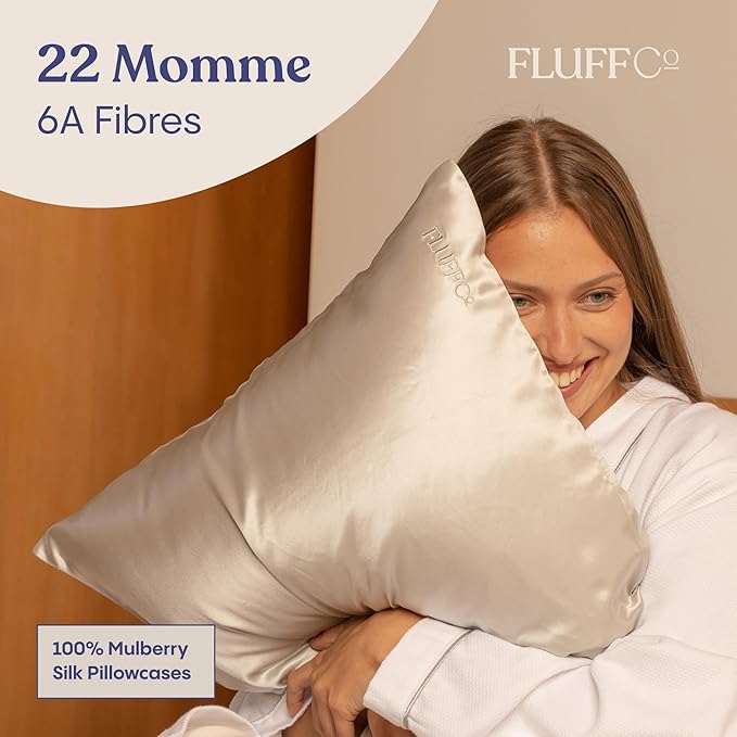 FluffCo 100% Pure Mulberry Silk Pillowcase - Queen Size | Luxurious Cooling Pillowcase for Hair & Skin Care | 22 Momme Natural Silk Body Pillowcase for Standard US Bedding (Silver)