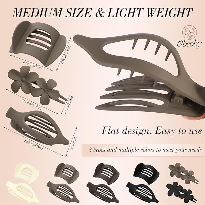 Obeoby 10 Pcs Flat Hair Clips for Women, 3 Styles French Flat Claw Clips for Thin Thick Hair, Medium Duckbill No Slip Hair Accessories Barrettes Girls