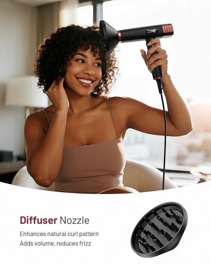 Dual Voltage Ionic Hair Dryer with Diffuser - 1875W High-Speed Blow Dryer for Women, Fast Drying, No Heat Damage, Low Noise, Lightweight, European Travel 110V-120V/220V-240V, Gifts for Women