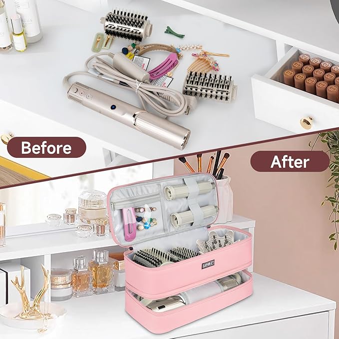 Travel Carrying Case Compatible with Shark Flexstyle Styler/FlexFusion/Hair Dryer,Double-Layer Hair Hot Tools Storage Bag Fits for Dyson Airwrap Styler/Supersonic Hair Dryer,Pink-Bag Only