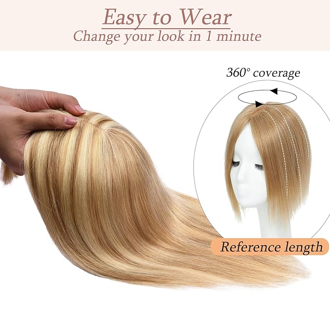 Human Hair Toppers for Women with Thinning Hair Real Human Topper Crown No Bangs 10 Inch #12P613 Golden Brown mix Bleach Blonde