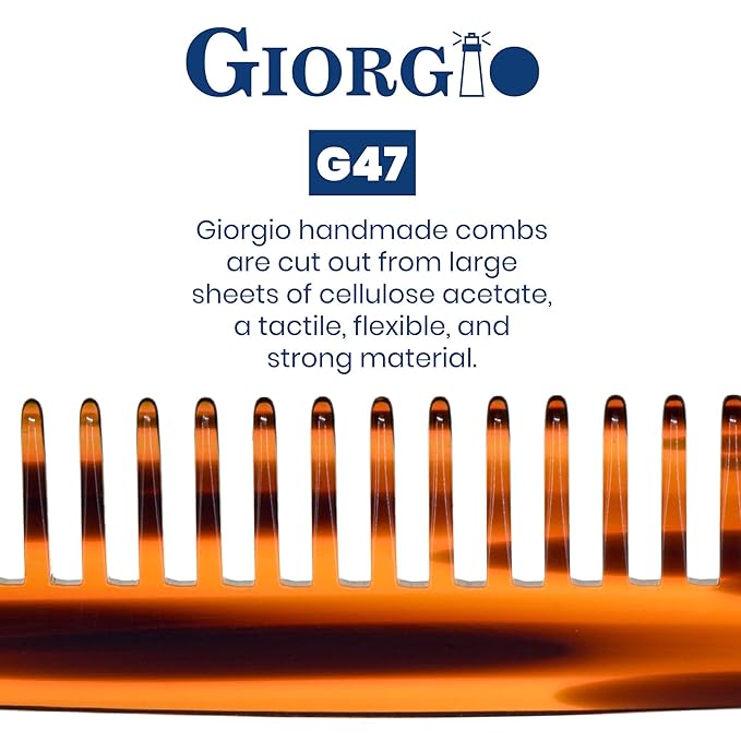 Giorgio G47 Large 6 Inch Detangling Comb, Wide Teeth for Thick Curly Wavy Hair. Long Hair Detangler Comb For Wet and Dry. Handmade of Quality Cellulose, Saw-Cut, Hand Polished, Tortoise Shell