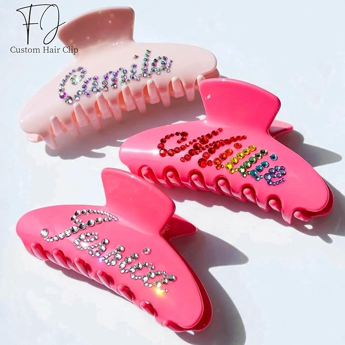 Personalized Colorful Name Hair Claw Clips for Women,Custom Hair Clips with Diamond,Cute Hair Accessories 4",Handmade Rhinestones Hair Clamp Gifts for Mom,Bride,Wife,Bridesmaid（Neon Pink）