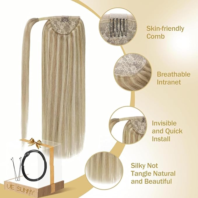Ve Sunny Hair Extensions Ponytail Real Human Hair 80G Wrap Around Clip in Ponytail Hair Extensions Straight Extensions Human Hair for Women Dark Golden Blonde Highlights 14inch