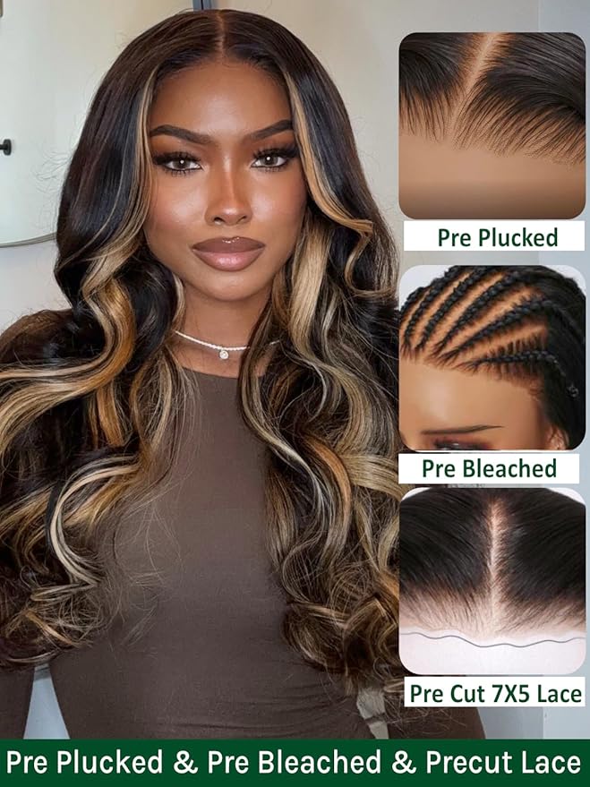 KLAIYI Ombre Highlight Blonde Loose Body Wave Bye Bye Knots Glueless Wigs Human Hair 7x5 Precut Lace Front Pre Plucked Bleached Ready to Wear Go Wig with Face Framing Curtain Bang Caramel Brown 22Inch