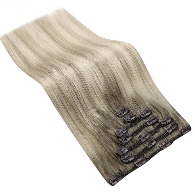 Ve Sunny Hair Extensions Clip in Real Human Hair Ombre Ash Grey Balayage Platinum Blonde Double Weft Remy Straight Human Hair Extensions Clip ins for Women 7pcs 120g 22 inch