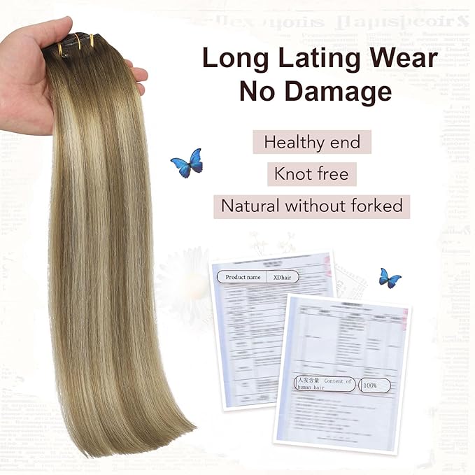 XDhair Clip in Hair Extensions Real Human Hair 120g 18 Inch Balayage Ombre Color 3 Walnut Brown to 8 Ash Brown and 22 Golden Blonde Double Weft Clip in Remy Hair Extensions(18, 3/8/22)