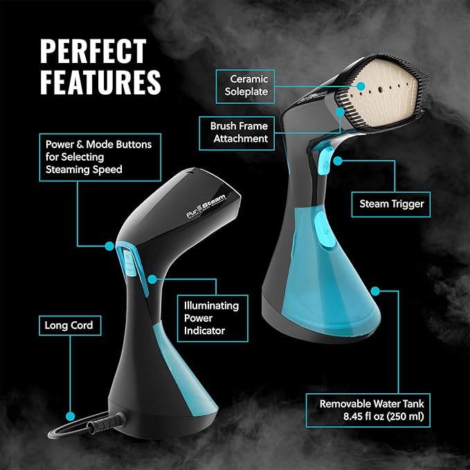 PurSteam Handheld Garment Steamer for Clothes – Powerful Wrinkle Remover with 3 Steam Settings, Large Removable Water Tank, and Fast Heat-Up – Portable Fabric Steamer for Home & Travel