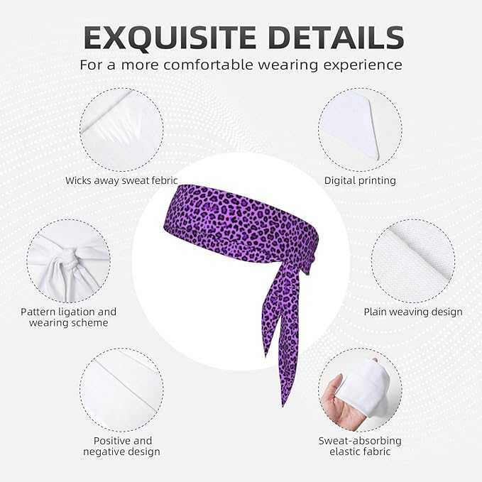 Men Women Fashion Sports Sweat Bands Hand Decor for Running Fitness Shower, Long Multi Style Purple Cheetah Leopard Print Head Ribbon Headwear