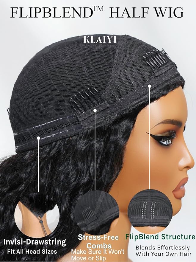 KLAIYI Water Wave 3 In 1 Flip Over 3/4 Half Wig Human Hair Curly Flip Over Seamless Blend Edges Glueless Wear and Go Drawstring Headband Clip In Wigs for Women Ready to Go Wig Beginner Friendly 24Inch