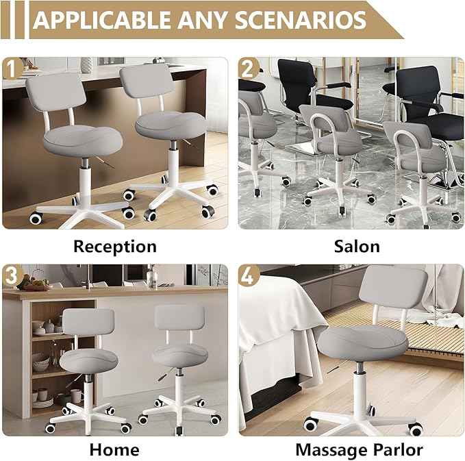 Ergonomic Esthetician Stool Chair with Back Support for Salon, Swivel Rolling Stool Height-Adjustable for Clinic Dentist Spa, Home Office, Drafting Work Task Chair