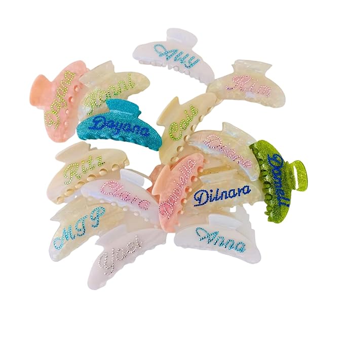 Personalized Hair Claw Clips with Rhinestones - Custom Name and Bridal Styles (Pearl Green)