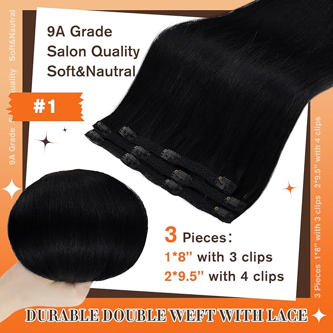 Full Shine 10 Inch Clip in Hair Extensions Jet Black Clip in Human Hair Extensions Straight Seamless Human Hair Clip ins for Thin Hair 3 Pcs 60 Grams